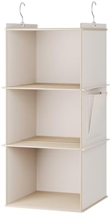 YOUDENOVA Hanging Closet Organizer and Storage for Clothes, 3-Shelf, Beige | Locker/RV/Camper Organizer, Side Pocket, Hanging Shelves for Small Closet, Dorm Room Essentials for Guys, Breathable Fabric - Image 6