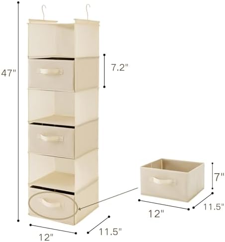 MAX Houser 6 Tier Shelf Hanging Closet Organizer, Closet Hanging Shelf with 2 Sturdy Hooks for Storage, Foldable (Beige-D3) | foldable lightweight fabric space-saving design for Bedroom, Closet Hanging Shelf for Storage with Removable Drawers - Image 3