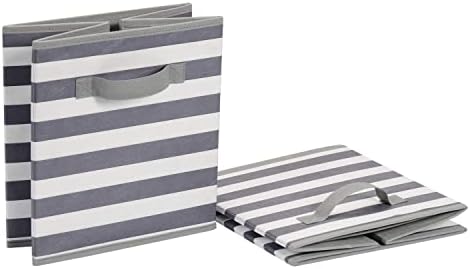 Amazon Basics Collapsible Fabric Storage Bins with Handles, Cube Organizer for Organizing, 13"x13"x13", White/Light Grey Stripe, 6-Pack - Image 4