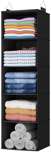 Lifewit Hanging Closet Organizer and Storage for Clothes 5 Tier | Portable, Foldable, Fabric, Top of Shelves with 2 Sturdy Hooks, Clothing Organization for Wardrobe, Dorm, Bedroom, Black by Lifewit