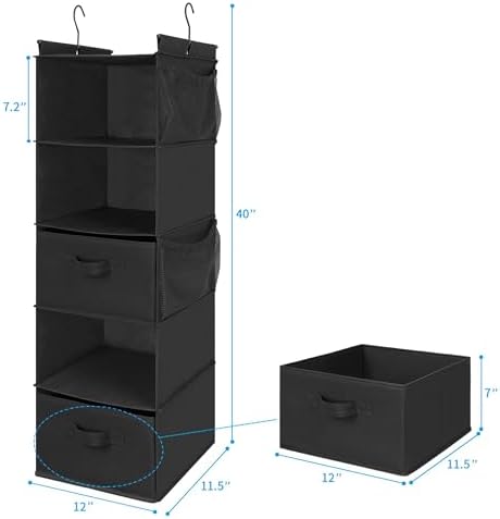 MAX Houser 5-Shelf Hanging Closet Organizer with 2 Drawers, Black-D2 | Foldable Fabric Hanging Shelves for Closet, Cloth Hanging Shelves with 2 sturdy hanging hooks, Small Space Saver - Image 3