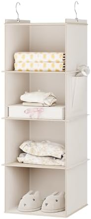 YOUDENOVA Hanging Closet Organizer and Storage for Clothes, 4-Shelf, Beige | Locker/RV/Camper Organizer, Side Pocket, Hanging Shelves for Small Closet, Dorm Room Essentials for Guys, Breathable Fabric by YOUDENOVA