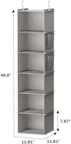 Hanging Closet Organizer and Storage, 6-Shelf, 2 Packs, Light Grey | Breathable Fabric, 2 Side Pockets, Clothes Organizer, Hanging Shelves, Closet Storage, College Dorm Room Essentials for Guys - Image 3
