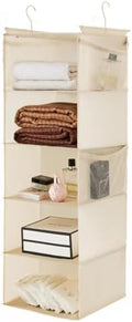 MAX Houser 5 Tier Hanging Closet Organizer with 4 Side Pockets, Beige | Foldable Fabric Hanging Shelves for Closet, Cloth Hanging Shelves with 2 sturdy hanging hooks, Small Space Saver by MAXHouser