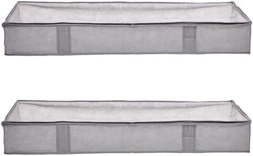 Amazon Basics Under Bed Storage Bags for Clothes and Blankets, Foldable Fabric Zipper Container with Clear Window and Reinforced Handles, Space Saving, 18 x 42 x 6 inches, Gray, 2-Pack by AmazonBasics