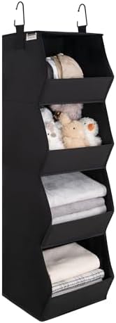 StorageWorks Basics Hanging Closet Organizer, Foldable Storage Organizer | 4-Shelf Wide Trapezoid Closet Shelves with Reinforced Anti-Sagging Support for Sweaters, Hoodies and Handbags, Black by StorageWorks