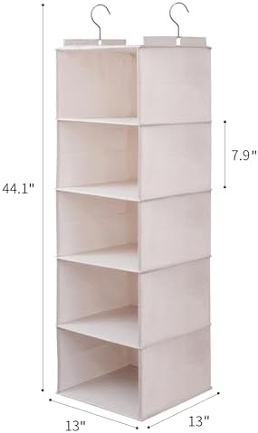 Large Hanging Sweater Organizer for Closet,Collapsible 6-Shelf Hanging Closet Shelves with Drawers, Washable (Beige -5 Shelf-1 d) - Image 2