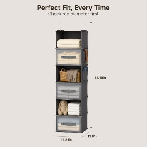 6-Shelf Hanging Closet Organizer with 3 Drawers & Side Pockets, Gray | Non-woven fabric, tool-free setup, ideal for bedrooms/dorms/RVs, 3 foldable transparent drawers for easy access - Image 3