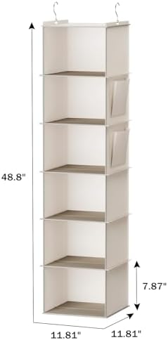 YOUDENOVA Hanging Closet Organizer and Storage, 6-Shelf, Beige | Breathable Fabric, 2 Side Pockets, Clothes Organizer, Hanging Shelves, Closet Storage, College Dorm Room Essentials for Guys - Image 5