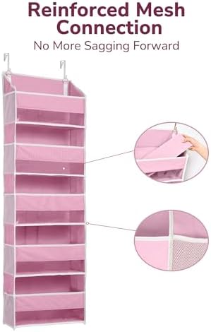 ULG 1 Pack Over Door Organizer with 5 Large Pockets 10 Mesh Side Pockets, 44 lbs Weight Capacity Hanging Storage Organizer with Clear Window Kids Toys, Shoes, Diapers, Pink - Image 5