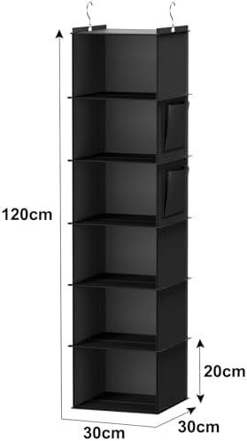 YOUDENOVA Hanging Closet Organizer and Storage, 6-Shelf, Black | Breathable Fabric, 2 Side Pockets, Clothes Organizer, Hanging Shelves, Closet Storage, College Dorm Room Essentials for Guys - Image 3