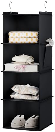 YOUDENOVA Hanging Closet Organizer and Storage for Clothes, 4-Shelf, Black | Locker/RV/Camper Organizer, Side Pocket, Hanging Shelves for Small Closet, Dorm Room Essentials for Guys, Breathable Fabric by YOUDENOVA