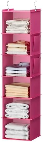 YOUDENOVA Hanging Closet Organizer and Storage, 6-Shelf, Pink | Breathable Fabric, Clothes Organizer with 2 Side Pockets, Hanging Shelves for Closet Storage, Dorm Room Essentials for Guys by YOUDENOVA