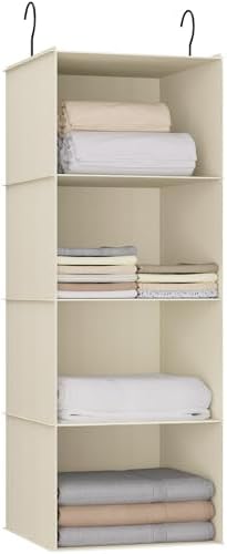 Hanging Closet Organizer 4-Shelf, Oxford Fabric Wardrobe Storage, Beige | Easy-mount foldable design holds clothes, handbags, shoes & accessories; washable Oxford fabric, sturdy and space-saving. by DonYeco