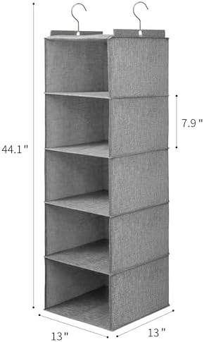 Large Hanging Sweater Organizer, Grey, 5 Shelf-1 d | Collapsible, 5-Shelf Hanging Closet Shelves, With Drawers, Washable - Image 2
