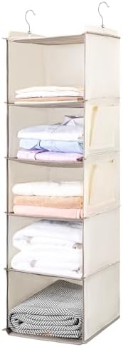 BOOMIBOO Hanging Closet Organize and Shelves,5-Hanging Shelf （Beige） | Dorm Room Essentials, Clothes Organizer with 2 Side Pockets, Hanging Shelves for Closet Storage, Breathable Fabric by BOOMIBOO