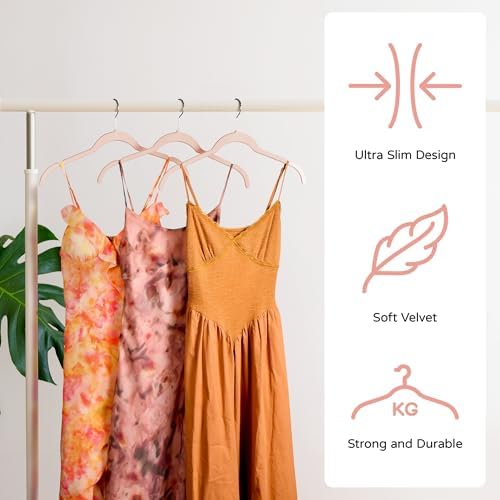 Sishynio Velvet Hangers 50 Pack, Non-Slip Slim Felt Clothes Hangers Pink | Space-Saving Closet Organization; Flocked Surface; 360° Swivel Hooks; For Shirts, Coats, Dresses, Blouses - Image 3