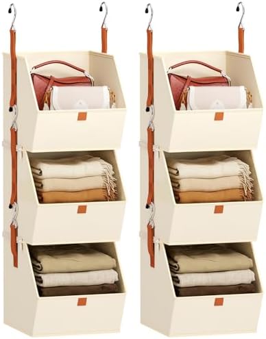 Homsorout Collapsible Hanging Closet Organizer - 6 Tier Closet Shelves Storage System with Hooks, Fabric Hanging Storage Bins for Clothes, Foldable Storage Basket for Laundry, Bedroom, Rv, Beige by Homsorout