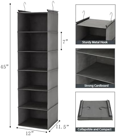MAX Houser 6 Tier Hanging Closet Organizer with 2 Sturdy Hooks, Grey | foldable lightweight fabric closet storage, space-saving design for Bedroom, Closet Hanging Shelf for Storage - Image 3