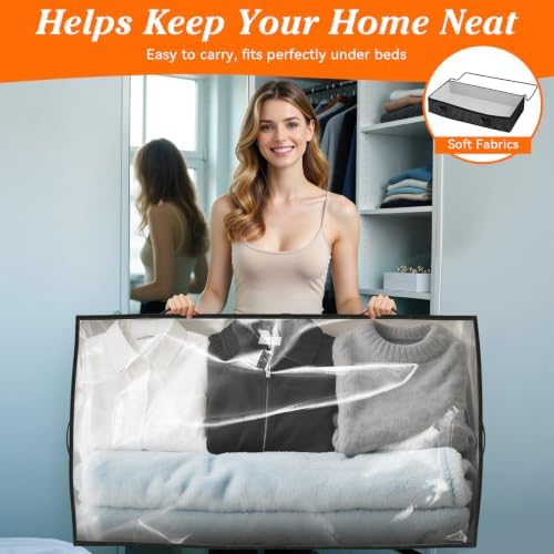 90L Under Bed Storage Containers, Storage Bags, Organizers, 6-Pack, Black | Foldable, Soft Fabric, Closet Organizers, Reinforced Handle, Label Holder, Clear Window, for Comforters, Clothing, Blankets - Image 6