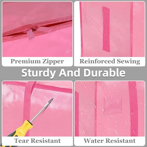 8 Pack-Extra Large Heavy Duty Moving Bags - Waterproof Storage Totes with Handles & Zippers, Foldable for College Dorm, Storage (Pink) - Image 4