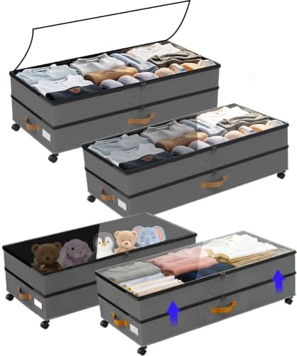 Under Bed Storage with Wheels 2-Pack, 75L XXL Under the Bed Storage Containers Large, 12" Tall Adjustable Storage for Underbed with Lids, Rolling for Clothes, Shoes, Blankets (4PCS-Grey) by Unknown