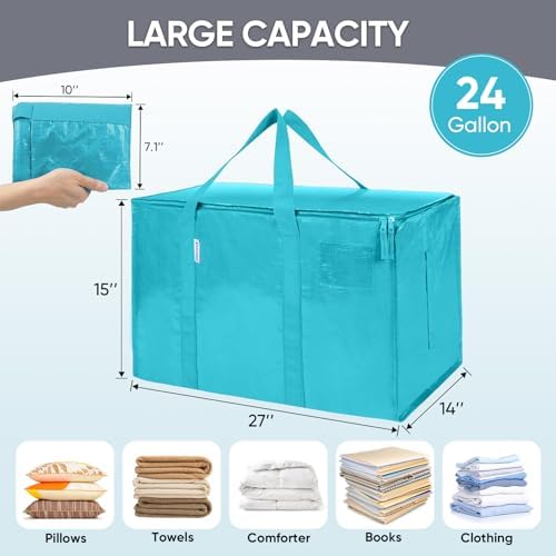 TICONN 2 Pack Extra Large Moving Bags Heavy Duty with Zippers & Carrying Handles, Durable Storage Bags Moving Boxes for Closet Organizers and Storage (2 Pack, Aqua) - Image 5