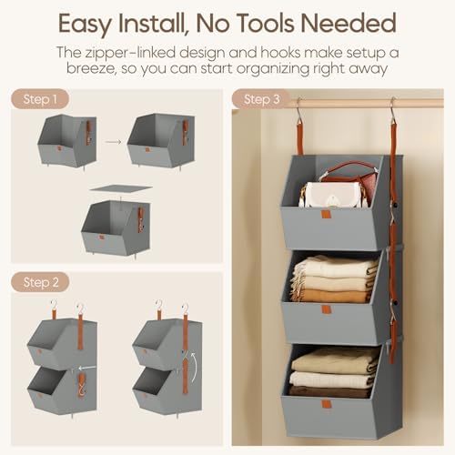 Homsorout Collapsible Hanging Closet Organizer - 3 Tier Closet Shelves Storage System with Hooks, Fabric Hanging Storage Bins for Clothes, Foldable Storage Basket for Laundry, Bedroom, Rv, Grey - Image 7