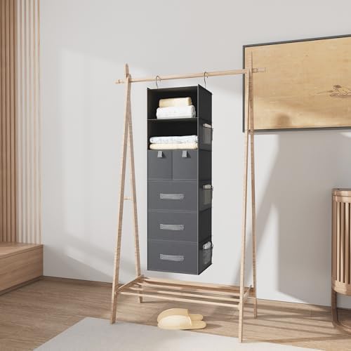 6-Shelf Hanging Closet Organizer with 5 Drawers, Non-Woven, Dark Gray | Spacious compartments sort clothes & undergarments; foldable drawers add hidden storage for closets, wardrobes or RVs. - Image 7