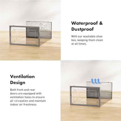 Foluck Shoe Storage Box, 15 Pack Clear Plastic Stackable Organizer for Closet, Interlocking Design Shoes Container Bins for Sneakers, Foldable Shoe Rack with Lids, Grey - Image 5
