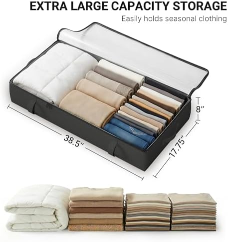 2-Pack Under Bed Storage Containers, 8 Inches Tall Clothes Storage, Black | Large Capacity Collapsible Underbed Organizer with Sturdy Sidewalls/Bottom, Cotton Linen Bins, For Seasonal Clothes & Bedding - Image 3