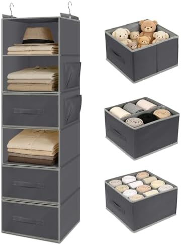 Hanging Closet Organizer 6-Shelf with 3 Drawers & Side Pockets, Closet Organizers and Storage for Dorm, Nursery & Wardrobe Organization, Hanging Shelf Clothes Organizer for Sweaters, Shoes, Gray by KUKIKAN
