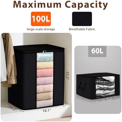 SpaceWhisper 3 Pack 100L Clothes Storage, Foldable Storage Bags, Black | Thick Fabric, Clear Window, with Reinforced Handle, for Clothing, Blanket, Comforters, Bedding Organizing - Image 2