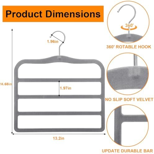 Velvet Pants Hangers Space Saving, 2-Pack Multi-Tier Closet Organizers,Grey | For Jeans Trousers Skirts Leggings Scarves, Non-Slip Vertical Storage for Small Closet, College Dorm & Apartment Essentials - Image 3