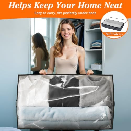 90L Under Bed Storage Containers, Storage Bags, Organizers, 2-Pack, Gray | Foldable, Soft Fabric, Closet Organizers, Reinforced Handle, Label Holder, Clear Window, for Comforters, Clothing, Blankets - Image 6