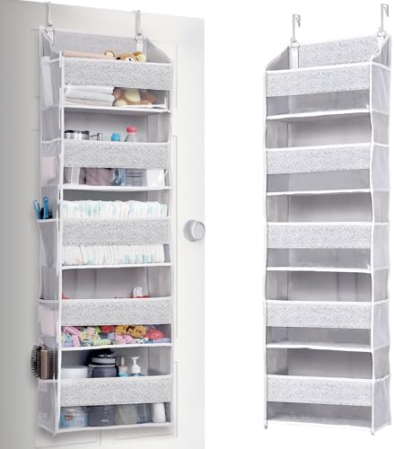 ULG 1 Pack Over Door Organizer with 5 Large Pockets 10 Mesh Side Pockets, Upgraded Linen Texture Over The Door Storage, 44 lbs Weight Capacity Hanging Storage Organizer, Light Gray by ULG