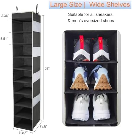 Large-Sized Hanging Shoe Organizer 10-Shelf, Sturdy Hanging Closet Organizer with 8 Side Pockets, Wider Hanging Shelves for Storage Shoes Clothes Jeans Shirts Toys, Black - Image 3