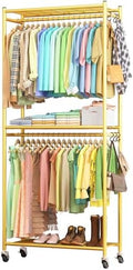 Sakugi Clothes Rack - 33.0" x 12.2" x 79.5" Clothing Rack with Shelves & Wheels, Multi-Functional Wardrobe Closet with Hooks, Sturdy Metal Garment Rack for Bedroom, Laundry, Balcony (Gold) by Sakugi