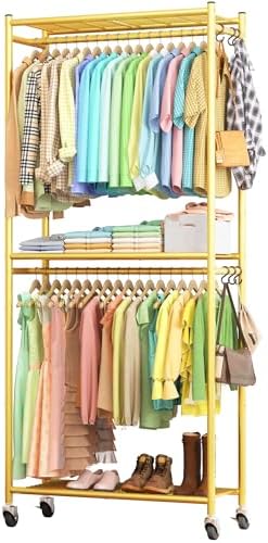 Sakugi Clothes Rack - 33.0" x 12.2" x 79.5" Clothing Rack with Shelves & Wheels, Multi-Functional Wardrobe Closet with Hooks, Sturdy Metal Garment Rack for Bedroom, Laundry, Balcony (Gold) by Sakugi