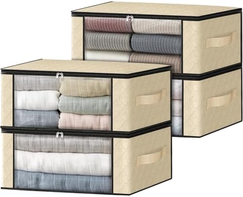 HomeHacks 4-Pack Clothes Organizer Storage Bags, 35L Storage Bins, Beige | Foldable Storage Box Container with Zippers, Clear Window, Reinforced Handles for Closet, Dorm, Pillows, Bedding, Sweater by HomeHacks