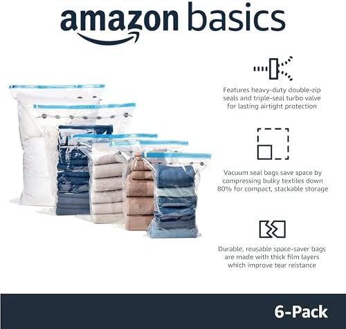 Amazon Basics Vacuum Storage Bags for Clothes, Space Saving Compression Storage Bags with Hand Pump, Heavy Duty, Stackable, Jumbo Size, Clear, 6-Pack - Image 2