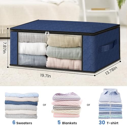 HomeHacks 6-Pack Clothes Organizer Storage Bags, 35L Storage Bins, Blue | Foldable Storage Box Container with Zippers, Clear Window, Reinforced Handles for Closet, Dorm, Pillows, Bedding, Sweater - Image 2