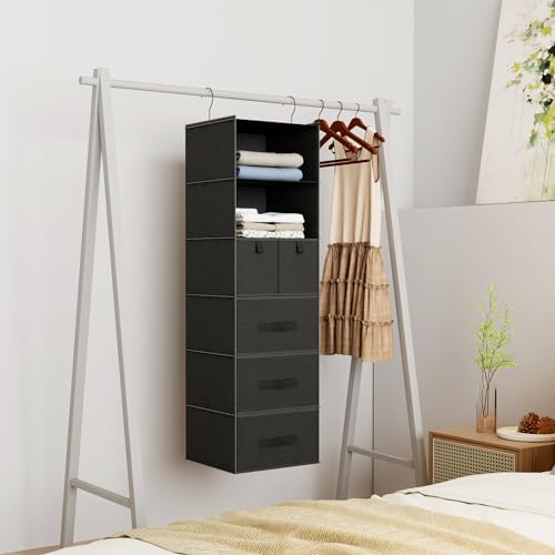 6-Shelf Hanging Closet Organizer with 5 Drawers, Non-Woven Storage, Black | Spacious compartments sort clothes & undergarments; foldable drawers add hidden storage for closets, wardrobes or RVs. - Image 3