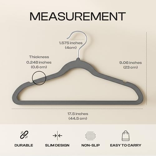 Utopia Home Velvet Hangers 20 Pack, Grey | Luxury Non-Slip Slim Pant & Coat Hangers | Strong Space-Saving Clothes Hangers | 360° Swivel Hook - Image 2