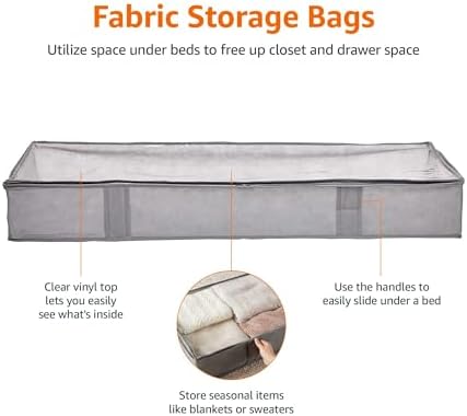 Amazon Basics Under Bed Storage Bags for Clothes and Blankets, Foldable Fabric Zipper Container with Clear Window and Reinforced Handles, Space Saving, 18 x 42 x 6 inches, Gray, 2-Pack - Image 2