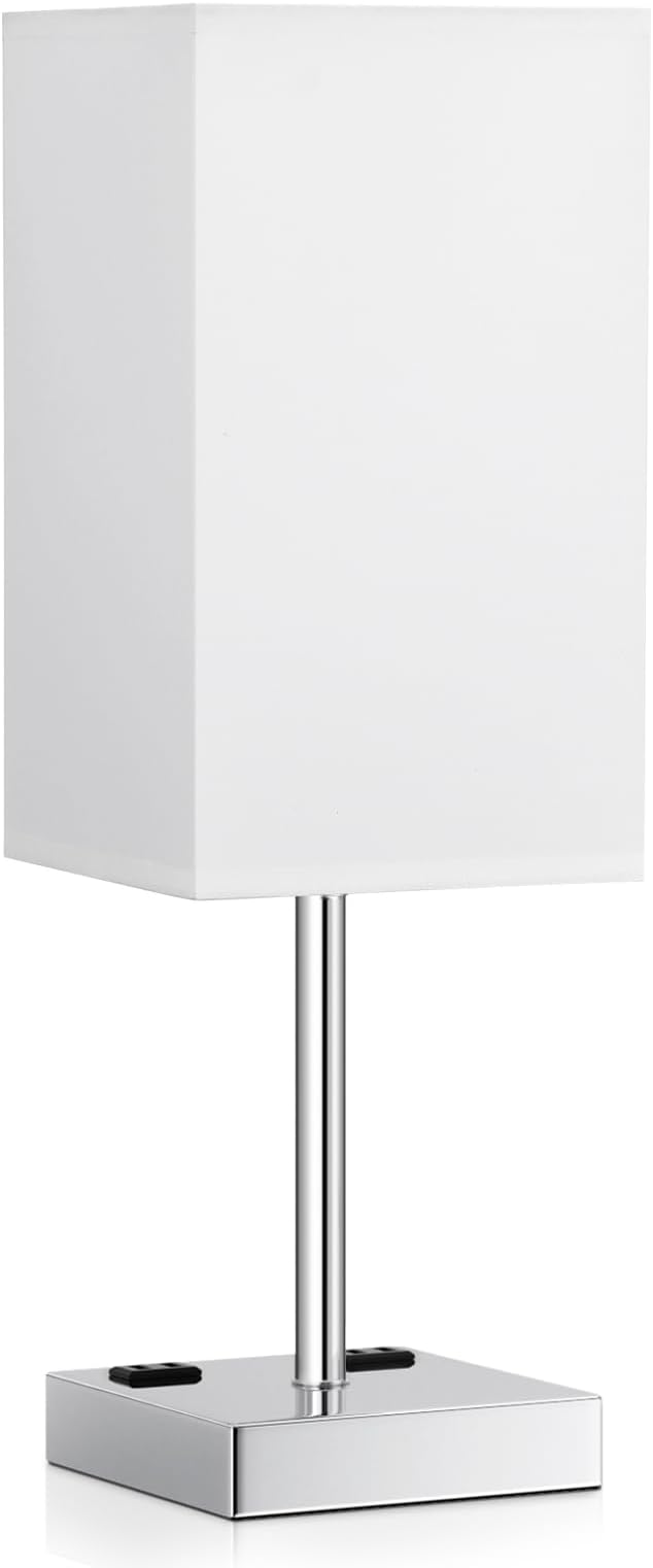 17.4" White Touch Table Lamp for Bedroom - Dimmable, USB C+A, 2 AC Outlets | 3-Way Dimming, 3000K Bulb Included, Square White Lampshade and Silver Base, Desk Lamp for Nightstand, Living Room, Dorm - Image 7