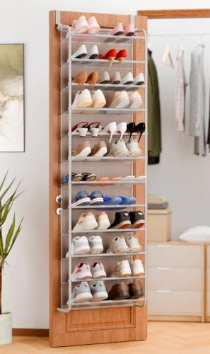 Whitmor 36 Pair Over the Door Shoe Rack,12 Tier Hanging Shoe Organizer with Metal Frame & Mesh Shelves, Heavy Duty Shoe Storage Holder for Door, No Drill Installation, 74" H x 21.7" W x 7.5" D, Grey by Whitmor