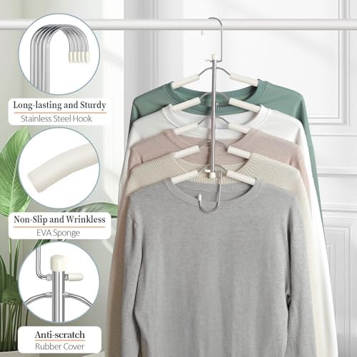Space Saving Shirt Hanger 5 in 1 Non Slip Coat Hanger Beige 4 Pack | Multi Shirt Hanger, Stainless Steel, Eva Foam Padded, 2 Ways to Hang, Easy Access, Wrinkle Free, Closet Space Saver - Image 6