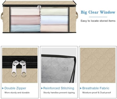 HomeHacks 4-Pack Clothes Organizer Storage Bags, 35L Storage Bins, Beige | Foldable Storage Box Container with Zippers, Clear Window, Reinforced Handles for Closet, Dorm, Pillows, Bedding, Sweater - Image 4