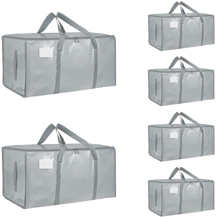 6 Pack-Extra Large Heavy Duty Moving Bags - Waterproof Storage Totes with Handles & Zippers, Foldable for College Dorm, Storage (light gray) by Unknown